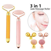 Load image into Gallery viewer, 3 In 1 Electric Jade Roller Slimming Face Massage Lifting Vibrating Natural Rose Quartz Jade Roller Stone Facial Beauty Tool
