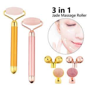 3 In 1 Electric Jade Roller Slimming Face Massage Lifting Vibrating Natural Rose Quartz Jade Roller Stone Facial Beauty Tool