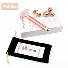 Load image into Gallery viewer, 3 In 1 Electric Jade Roller Slimming Face Massage Lifting Vibrating Natural Rose Quartz Jade Roller Stone Facial Beauty Tool
