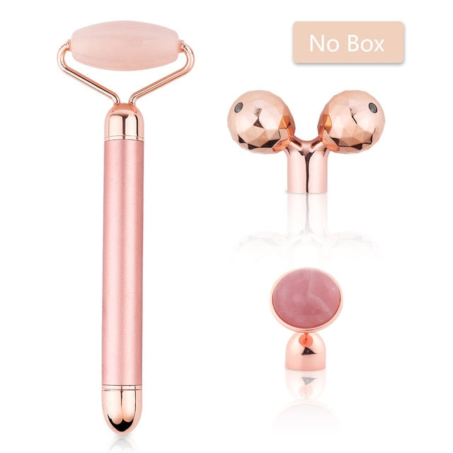 3 In 1 Electric Jade Roller Slimming Face Massage Lifting Vibrating Natural Rose Quartz Jade Roller Stone Facial Beauty Tool